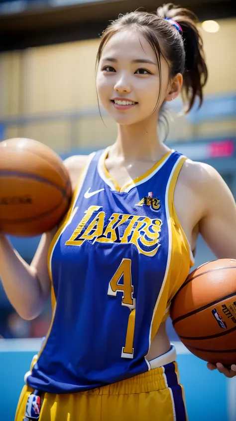 Best Quality,masterpiece, super high definition, highdefinition RAW color photo, professional photography, natural skin texture, fine skin, hyperrealism , Japanese Female,(smile,gigantic breasts, ponytail hair,slim body),(((Watching basketball,NBA,Lakers j...