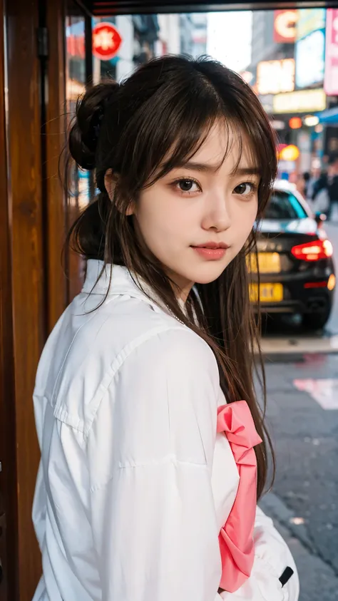  ( Cyberpunk ),  1 girl, smile,Mid-length hair,Tied up at the back, hair scrunchies from underwear, hime cut, Brown Hair,  Colored Hints ,   long sleeve,  watching viewers , curly hair, Multi-colored hair, Split bangs,  open lips,   brown hair,  PORTRAIT, ...