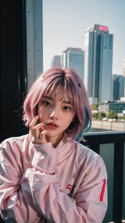  ( Cyberpunk ),  1 girl,  short hair scrunchy, hime cut,  silver hair,  Colored Hints ,   long sleeve,  watching viewers , curly hair, Multi-colored hair, Split bangs,  open lips,  Pink Hair,  PORTRAIT, red eyeliner, Red lips, Alone,  white jacket , reside...