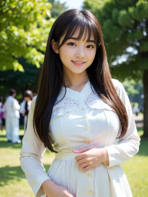 (Best-quality, Masterpiece, Ultra-High-Resolution, (Photorealistic:1.4), Raw Photo, depth of field, professional lighting), (1girl, ((15-years-old)), the most famous Japanese-idol, in Hiroshima-Peace-Memorial-Park, full-body, looking at viewer, ((innocent ...