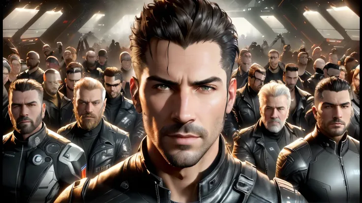 arafed image of a man in a leather jacket surrounded by a group of people, portrait of adam jensen, gantz, unreal5, unreal 5, star citizen origin 100i, 2020 video game screenshot, become human, unreal engine 5”, deus ex mankind divided, star citizen, jedi ...