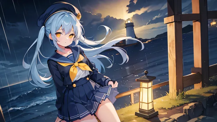 a cute girl, 20 years old with blue ponytailed hair, yellow glowing eyes, wearing (dark blue sailor uniform), skirt, cleavage,, dark captain hat, (lighthouse) holding lantern, night time, rainy night, while checking the lighthouse
