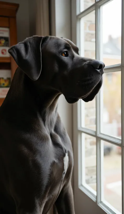 The scene of an ultra realistic male Great Dane dog measuring 111.8 cm, completely dark gray, in full alert looking out the window or door