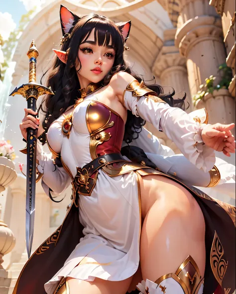 tmasterpiece，  hyperrealistic ， Best quality ，stand out， Cartoon image holding a sword and dress, Queen of the Fairies, SF version , an elf queen, anime goddess , Elf girl,  shiny white skin ,  a juicy human-shaped peach ,  shiny white skin , Elf girl in f...