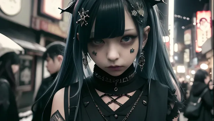 3 Gothic Women 。Inside the ramen shop。Snowfall 、Snow Scene、full body sleeveless 、Blue Hair、Goth Punk、 1 girl、One person、 medium shot 、 Shibuya Scramble Crossing、((night))、 neon light、Shiny Hair、earring 、bangs、 jewelry、bangsぱっつん、Red eyes、 hair accessories、F...