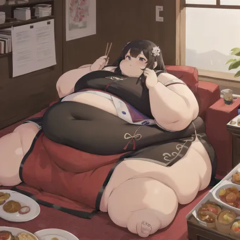 worlds fattest chinese woman, immobile, too fat to move , eating chinese food, wearing a traditional chinese dress