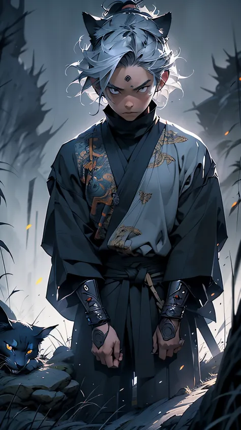 A samurai boy standing on a hillside at night, cat mask on forehead, detailed facial features, dramatic lighting, cinematic composition, moody colors, fantasy landscape, intricate details, high resolution,  concept art style