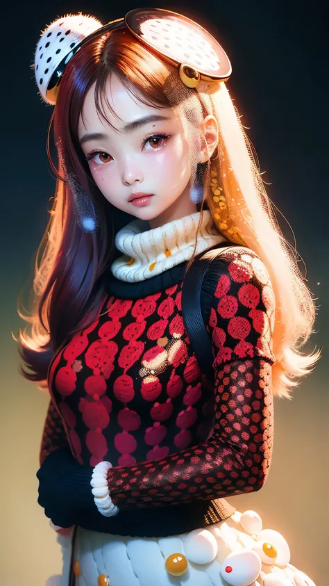 (masterpiece, best quality:1.2),illustration art，Kusama Yayois style，simple background，a beautiful girl，Skin detail processing，The eyes are very detailed，sweater，(((Speckled pattern)))，red，blue，White，black