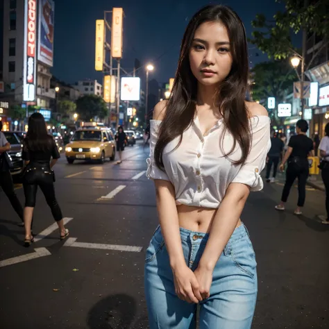  1Vietnamese pretty girl teen, The city of Hanoi as a backdrop, Beautiful eyes, Sexy figure, Thick shirt, Wearing a blouse over the shoulder ,  Trousers, (Best quality 4k, 8K high resolution masterpiece: 1.2)  super detailed  ( Realistic Realistic Realisti...