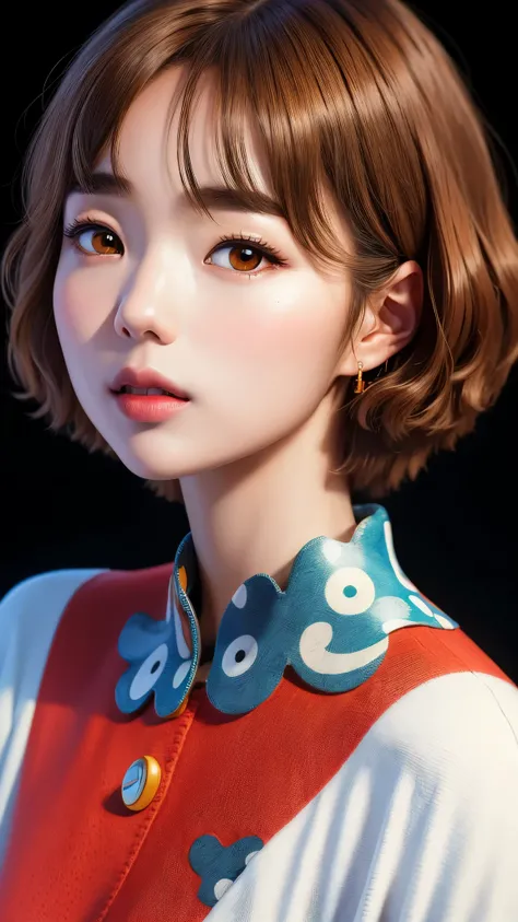 (masterpiece, best quality:1.2),illustration art，Kusama Yayois style，simple background，a beautiful girl，Skin detail processing，The eyes are very detailed，sweater，(((Speckled pattern)))，red，blue，White，black