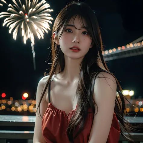  1 beautiful Japanese woman 、Age 25、Wearing a black camisole、 expression with a slightly open mouth while wearing a Santa dress 、 slender、 medium breasts、Brown wavy hair、A shot of the upper body with fireworks in the background、morning