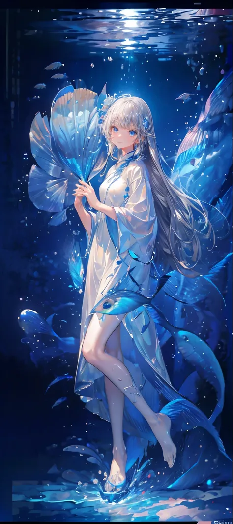 (Piece Fly), ( best quality),  very detailed ,  1 girl at home, Perfect face, (  personal full-body photo :1.3),  very detailed 顔，(Grey hair long hair:1.5)，( blue eyes:1.4)，(In the water:1.4)，( white dress :1.5)，{{ocean}}，Small fish，Light，bubble，Jellyfish，...