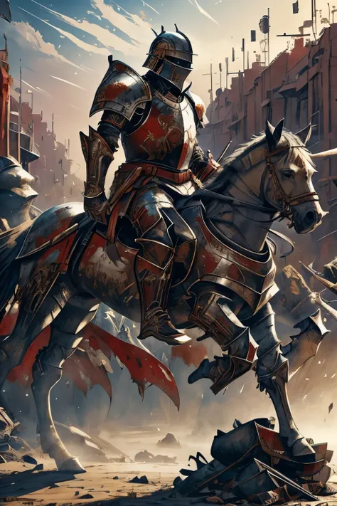  2 knights riding horses, across a lake of blood, piles of s in the distance, red cross in the horizon, Maximillian armour. Illustration with sticker on black background, The outline is bold, Jagged edges, Trash core, Light and Shadow - V 5.2. Dynamic, alt...