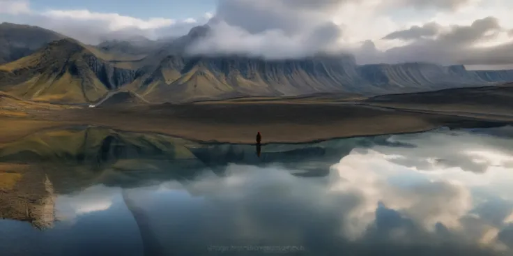  Desolate view of a man standing on a lakeside beach,   Stunning nature in the background  ,  incredible reflection , Amazing work , Max Reeve, Beautiful reflection,  Magnificent Background ,  the most beautiful image ever , background Stunning scenery, Ma...