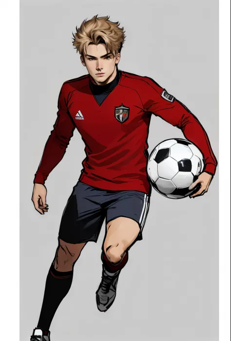 a close up of an anime hero holding a soccer ball on a gray background, wearing red sweater, wearing cleats, full body concept, in style of kyrill kotashev, inspired by Oswaldo Viteri, inspired by Thomas Scholes, digitally colored, detailed full body conce...