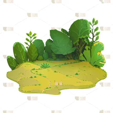 cartoon illustration of a desert ， with plants and sand,  with dense vegetation in the background , lots of vegetation,  PLANTS AND TREES GAME ASSETS , Random background scenes, 2D Game Background, Slime mold forest environment, 2d game assets, Isolated ba...