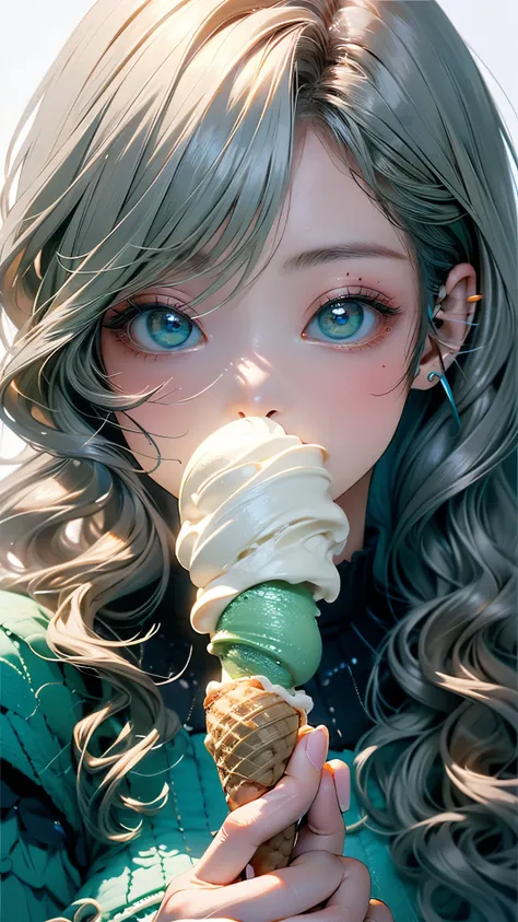 Close up of a person holding an ice cream cone, pretty girl,  wavy silver-haired woman in a soft green dress, bangs,  light blue eyes, Red lips, soft green dress,