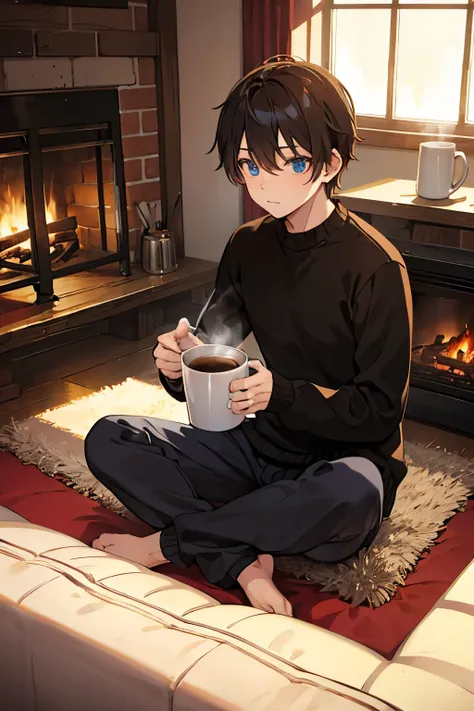  Room with fireplace　Drink coffee from a mug　male　sweater　pants