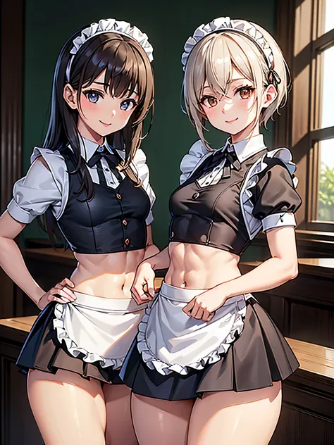 masterpiece, best quality, very detailed body, ultra detailed, very detailed face, (((2girls))), (((static posing))), (((waitress uniform, croptop, short skirt, maid hairband))), (six pack abs:1.12), (((small breasts))), ((smile)), ((thick thighs)), ((stan...