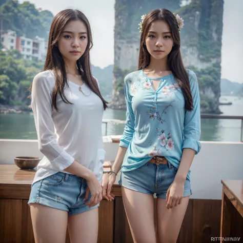  1Vietnamese pretty girl teen, Halong Bay as a backdrop , Beautiful eyes, Beautiful, slender legs, Sexy figure, Big Size , Loose shirt,  wearing a floral long sleeve shirt,  shorts, (Best quality 4k, 8K high resolution masterpiece: 1.2)  super detailed  ( ...