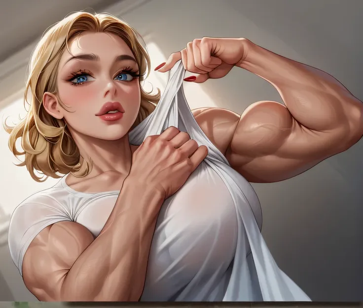 ((woman lifting sleeve to bicep flex confused look)) hyperrealism dark light photoshoot, extremely high-resolution details, phot...