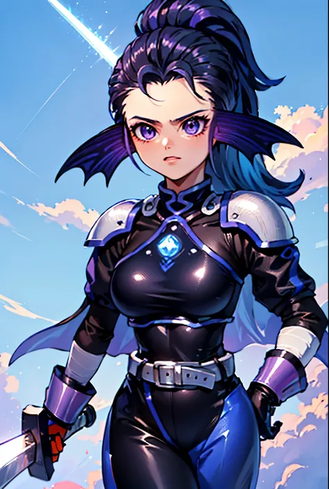 8K,high quality,anime,married,beautiful,bright,eye highlights,purple eyes,sexy,beautiful line drawing. Blue skin, blue and orange gradient fins,
Swordsman costume, black armor, sword in right hand, sky background, black innerwear,