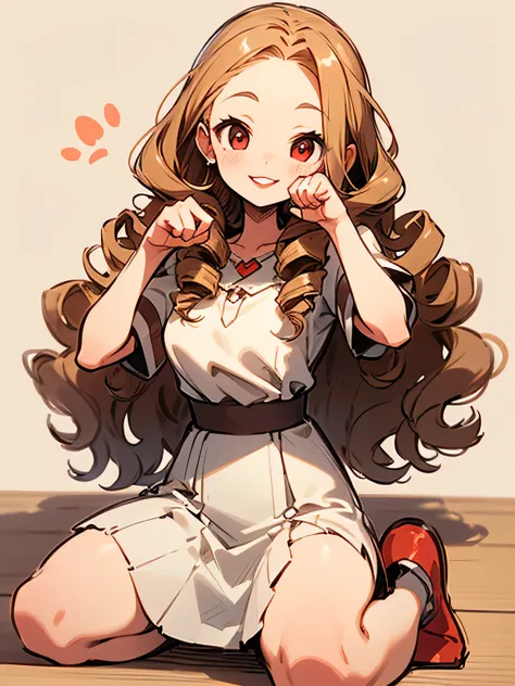 solo,seiza,dark brown (drill curly) inside long hair,big forehead,red eyes,red lips,red beige cute dress、white tight skirt、good slim model paw pose,smile,(manga style),(sketch),(illustration),