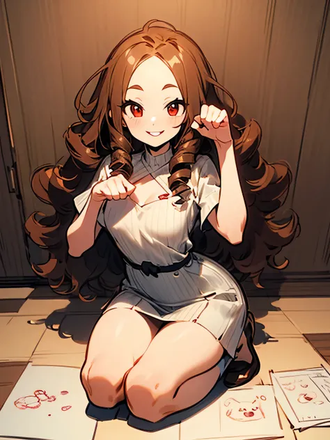 solo,seiza,dark brown (drill curly) inside long hair,big forehead,red eyes,red lips,red beige cute dress、white tight skirt、good slim model paw pose,smile,(manga style),(sketch),(illustration),