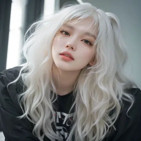 a woman with long white hair and a black shirt, messy wavy white hair, long white hair and bangs, white hair color, perfect white haired girl, white blonde hair, her hair is white, hair whitebangs hair, white bangs, white beautiful hair, white fringy hair,...