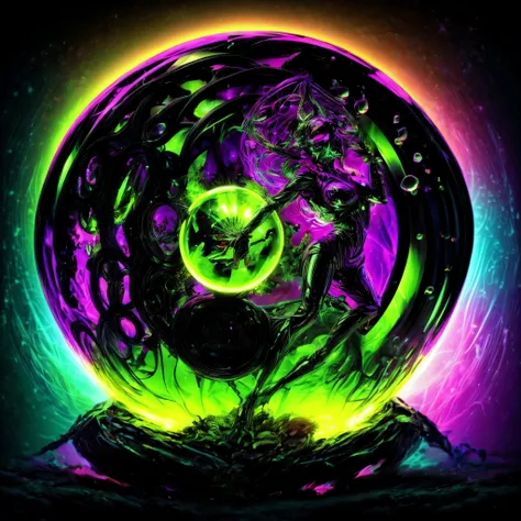 Within a black abyss Intense bright, colorful, perfectly symmetrical glass globes criss crossed back and forth with different colors of laser lights covering the circumstances of the globes and contrasting the glowing light of acidzlime within the glass. S...