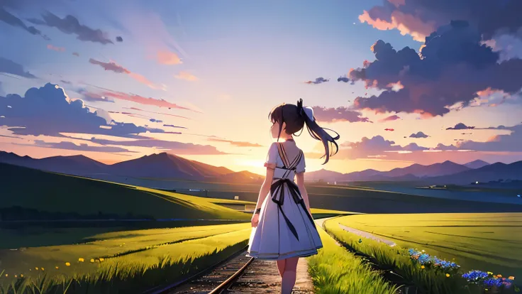  a young woman walking on the railway line at dusk, Distant train ,  transmission lines stretching into a landscape of golden fields and 、 distant mountains on the horizon 々, clouds and warm lighting 、Rear view、usirosugata "A cute anime-style young girl wi...