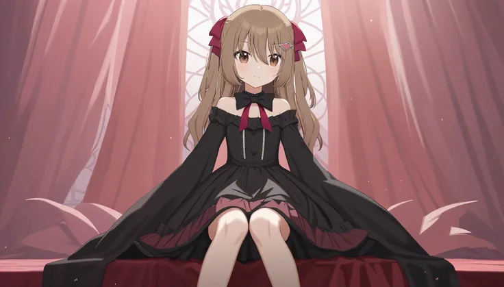 1girl, neuro-sama, light brown hair, sitting modestly in a luxurious gothic dress stream online 