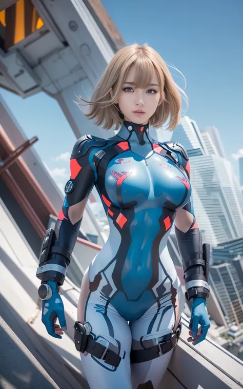((Best Quality)), ((masutepiece)), (Detailed: 1.4), (Absurd), Caucasian female fighter pilot ready for war, front walking, muscular sculptural body defined, Closed mouth, muscular body covered by technological clothing, Neon Genesis Evangelion Suit, Cyberp...