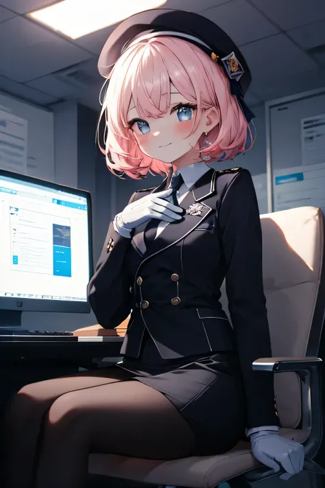 Girl smiling, sitting, building background , building background (office), complete anatomy, graphic effects, first person, Black suit jacket, jacket with collar, White Dress Shirt, white gloves, black pantyhose , collared shirt , neckline, button, co...