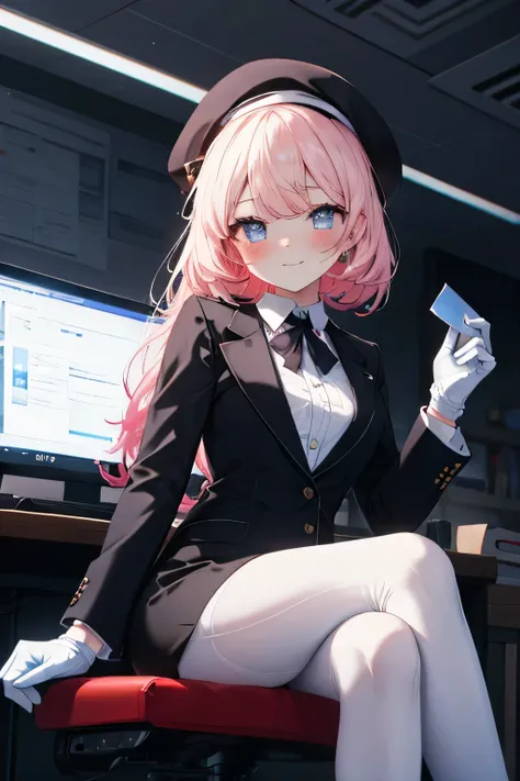 Girl smiling, sitting, building background , building background (office), complete anatomy, graphic effects, first person, Black suit jacket, jacket with collar, White Dress Shirt, white gloves, black pantyhose , collared shirt , neckline, button, co...