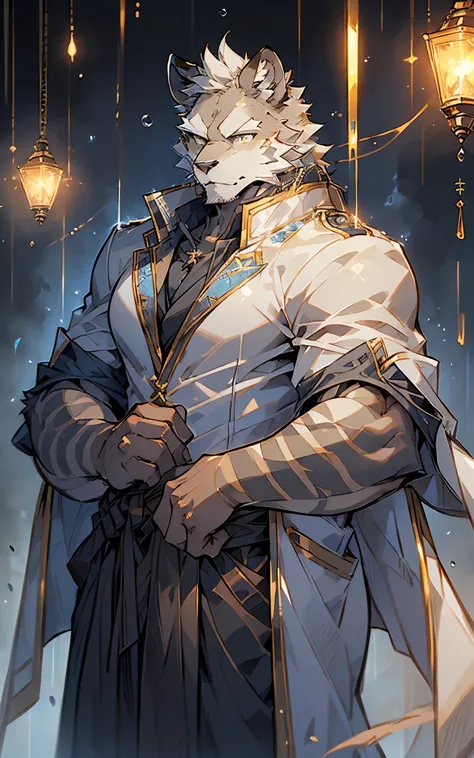 (( best quality)), ((masterpiece)), ( detailed), Perfect face,solitary,Wildlife,night,fantasy,rain,Thunder and Lightning,Beige fur , black stripes,  anthropomorphic lion  .  wears a robe that fits his muscles  ,   wears a long blue cape on his shoulders. g...