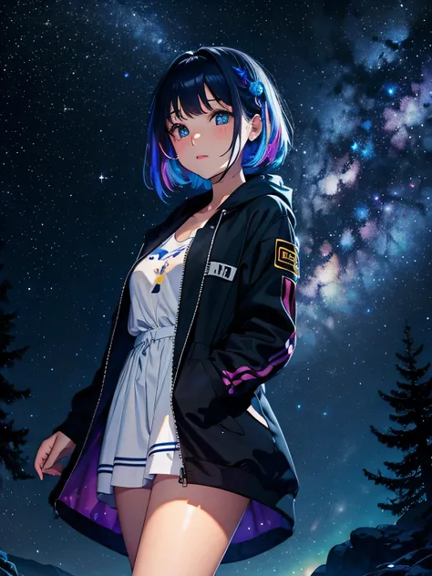  high definition　Night Sky　 girl　milky way　Starlight　Extremely colorful　Vivid　moon