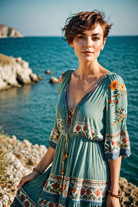  Beautiful woman with short hair in a bohemian dress, against the backdrop of an open calm sea in sunny weather 