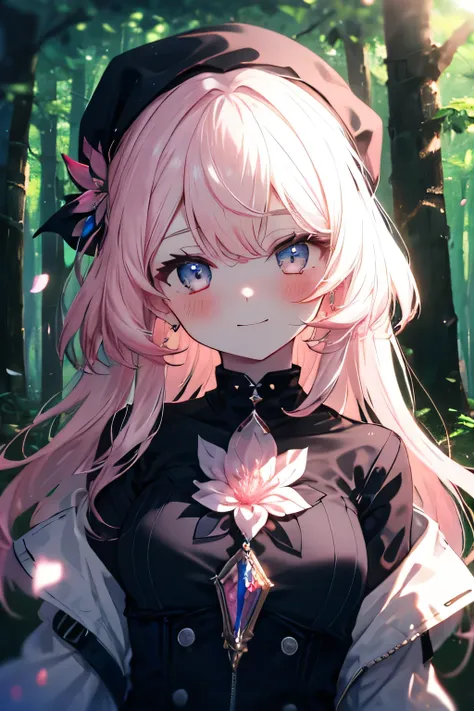 Girl smiling, stop, forest background, forest background(dark), complete anatomy, graphic effects,  ornament of an accessory shaped like a flower on the head, aura, first person, letter(BY Elandir),  pink flower, blush,  looking at the viewer, Charm,  mech...