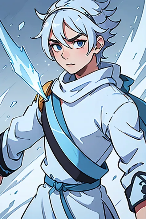  draw a white warrior man , With spiky blue hair , Asian, white and blue kimono . blue eyes.  in the background make ice details in white and blue. A track(bandana)  tied around your head ninja style .