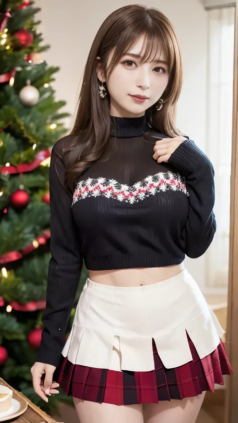 8k high definition quality、Christmas decorated room、Christmas Sweaters, Cute Sweater、 Pleated Miniskirt 、Christmas cake displayed on the table 、Glamorous and cute high school girl with big boobs、