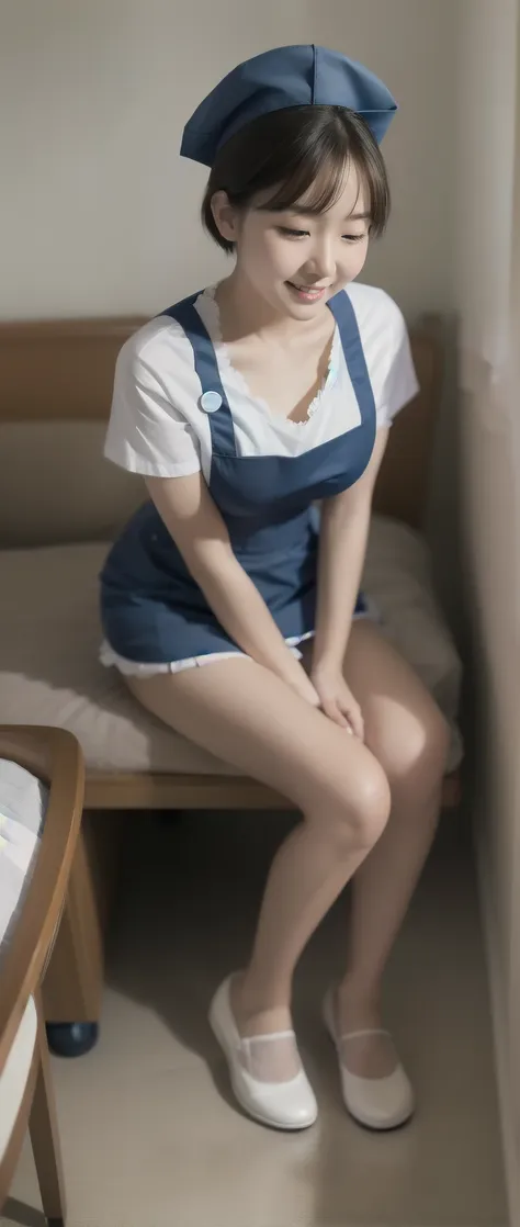 super high image quality 、 real photo、１８old nurse、 short hair and baby face 、 navy one-piece miniskirt uniform is attached to a ...