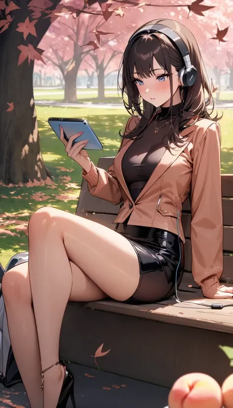 ((Top Quality)), ((Masterpiece)), ((Details)), perfect face, perfect body, fallen leaves background, working in a park, listening to music, sitting with legs apart, wearing tight clothes, wear a tight skirt, dating, Woman with face visible, glamorous, peac...