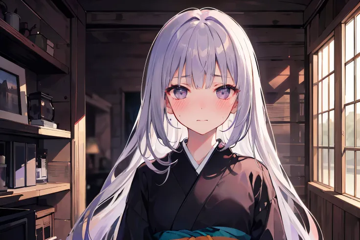 (shy, blush, embarrassed), (upper body), 1 girl, (looking viewer), (gray eyes, ((lavender hair), straight long hair)), (black kimono), Sharp Focus, ((Best Quality)), ((masterpiece)), (detailed), ((facial focus)), ((blurry background, cozy cabin, indoor, de...