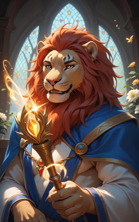 (( best quality)), ((masterpiece)), ( detailed),  upper body,Perfect face,solitary,Wildlife,daytime,fantasy,Flowers, Mighty ,beige fur , black stripes,  anthropomorphic lion ,beige fur 狮子,Red Hair,White Gold Mage Robe, MUSCLE , golden eyes,magic,wooden mag...