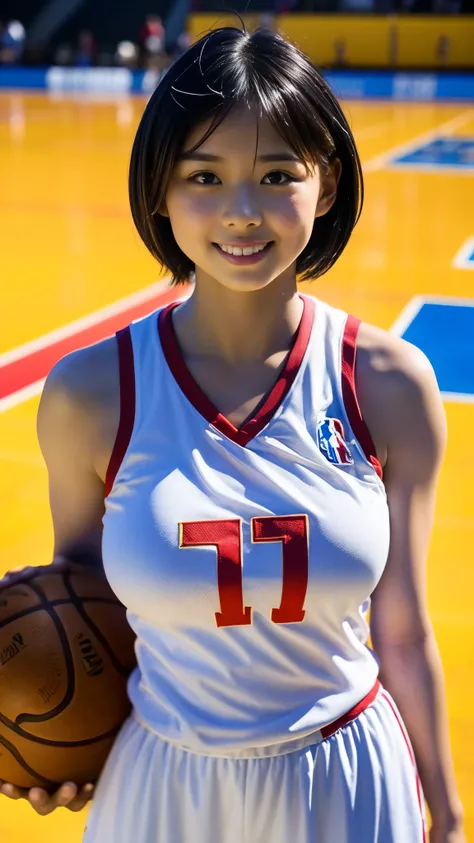 Best Quality,masterpiece, super high definition, highdefinition RAW color photo, professional photography, natural skin texture, fine skin, hyperrealism , Japanese Female,(smile,big breasts, shortcut hair),(((Basketball match venue,NBA,White and red unifor...