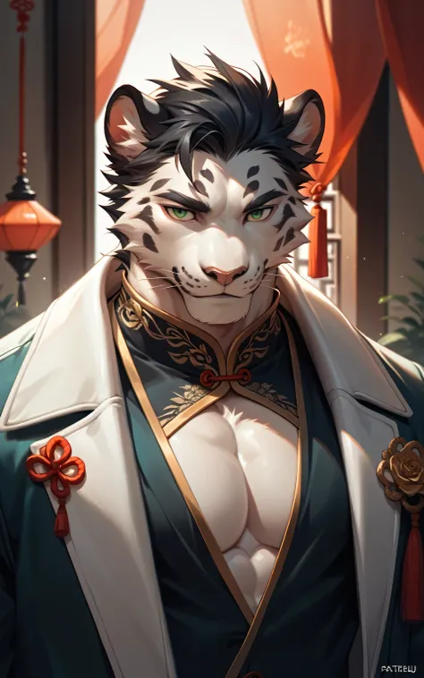 ( alone),  upper body, male anthropomorphic leopard,  white fur , White skin, white fur , short black hair , Green Eyes,Calm,Elegant,General, Chinese costume long shirt, black patterned long shirt,Chinese,  MUSCLE , 