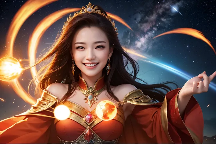  Best Quality　masterpiece　 Details　A super beautiful woman is smiling and watching a shooting star fireball　Photo style　 imaginary　 dramatic production　 Fantasy 