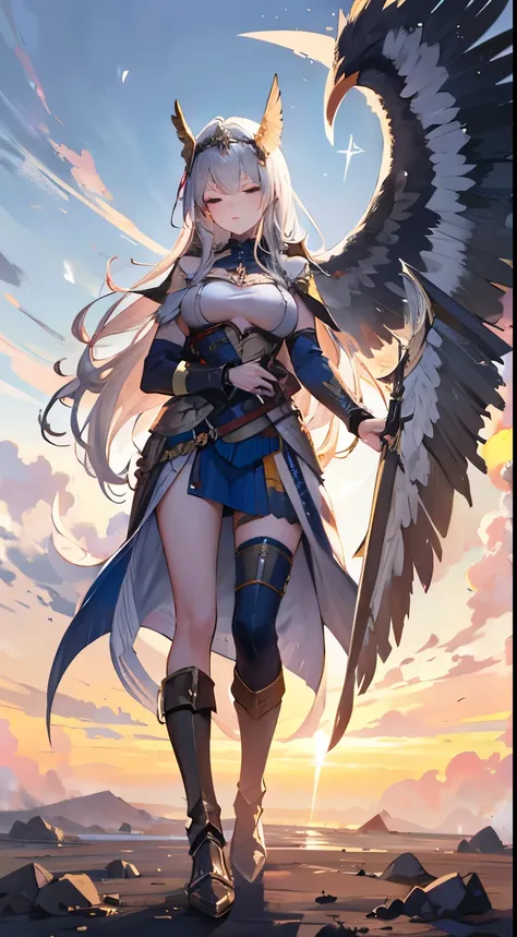 Wide-angle, whole body, a (stunningly beautiful Valkyrie) holding a sleeping male soldier dressed in modern war-gear in her arms, flying into Valhalla, after (glorious combat, amazing), can&#39;t believe it, awe, beautiful, highly detailed, well drawn face...