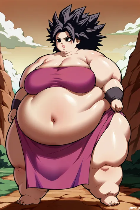 girl becoming a monster, becoming a troll, fat, chubby, obese, fabric clothes, loincloth , 1girl, 1girl, caulifla, spiked hair, ...